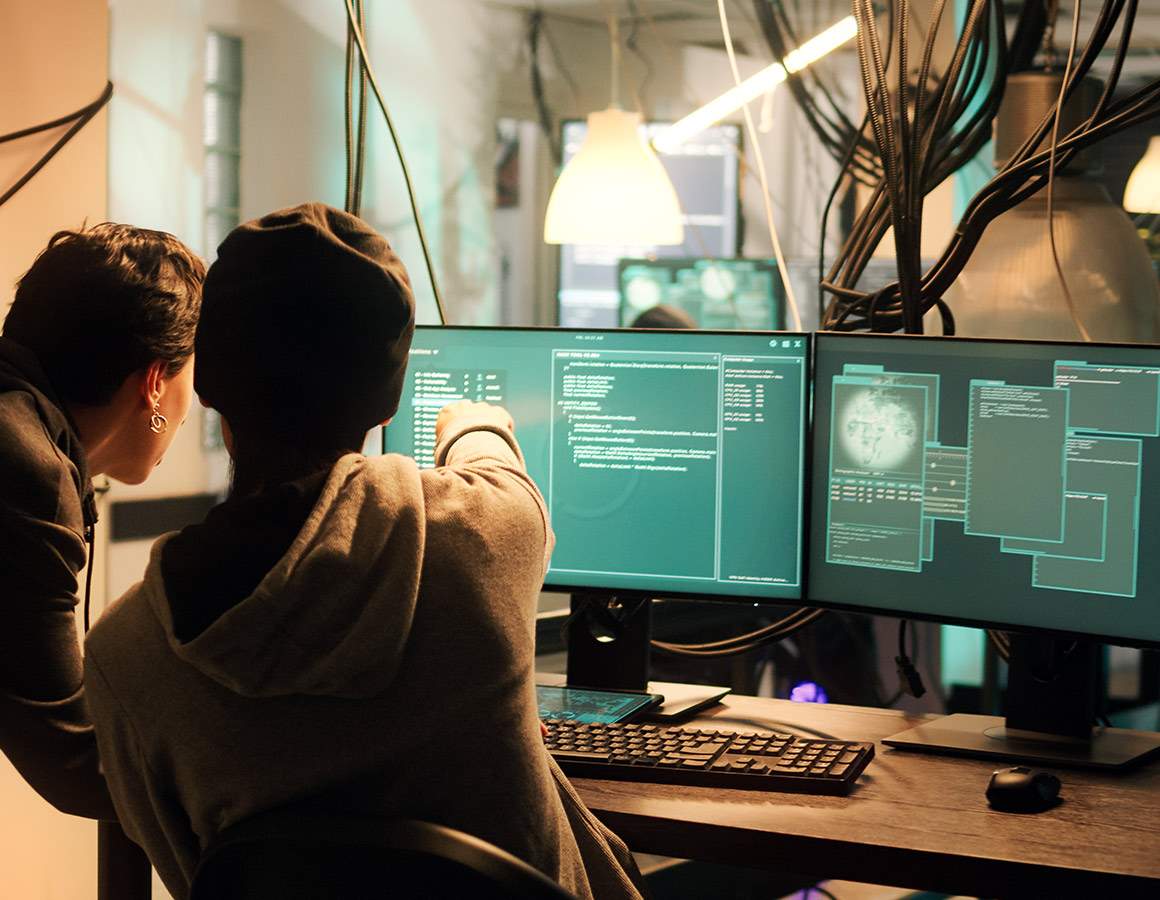 two people looking at dual computer monitors